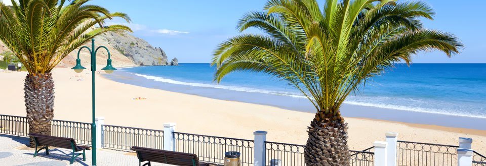 En solig strandpromenad med palmer, bänkar och utsikt över havet och en klippa i fjärran.