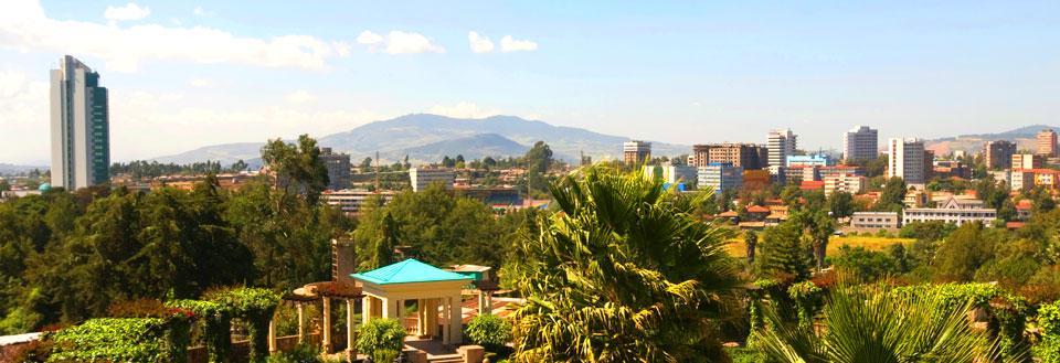 Bild av en stadssilhuett med moderna byggnader, gröna områden och ett berg i bakgrunden på en klar dag.