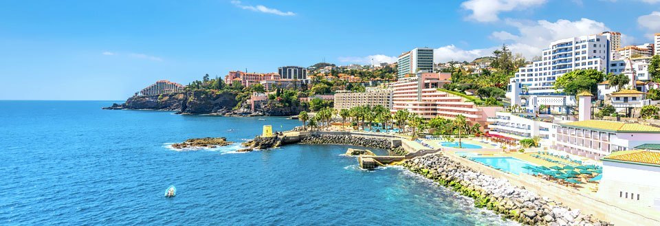 Panoramavy över en kustlinje med hotell, byggnader och palmer under en klar himmel.