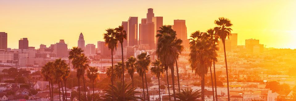 Solnedgången i Los Angeles kastar en varm glöd över stadssiluetten med palmer i förgrunden.