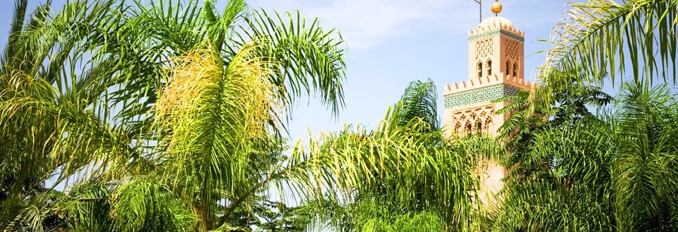 Frodiga palmer framför en moské med ett dekorerat torn under en klarblå himmel.