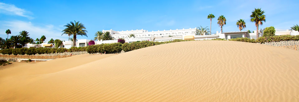 Soligt ökenlandskap med sanddyn, vita byggnader och palmer i bakgrunden.