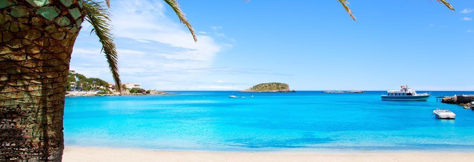 Fridfull strand med klarblått vatten, palmer, båtar och ett fartyg under en klarblå himmel.