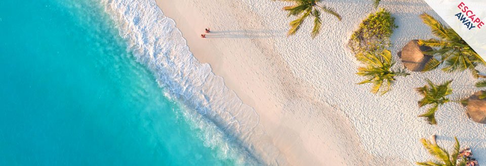 En tropisk strand med kristallklart vatten, vit sand och palmer. En person promenerar längs strandkanten.